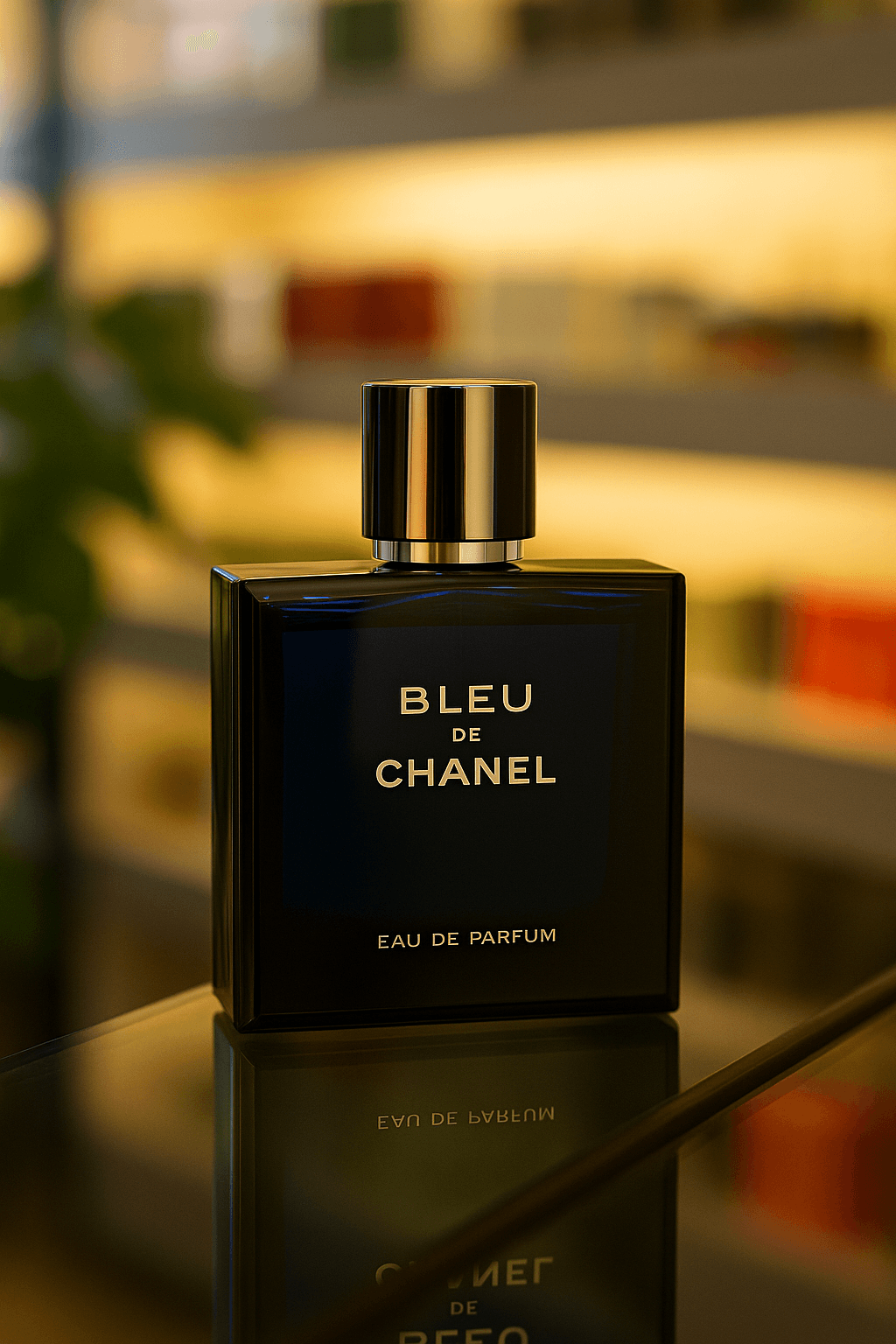 A bottle of Chanel Bleu de Chanel perfume for men.