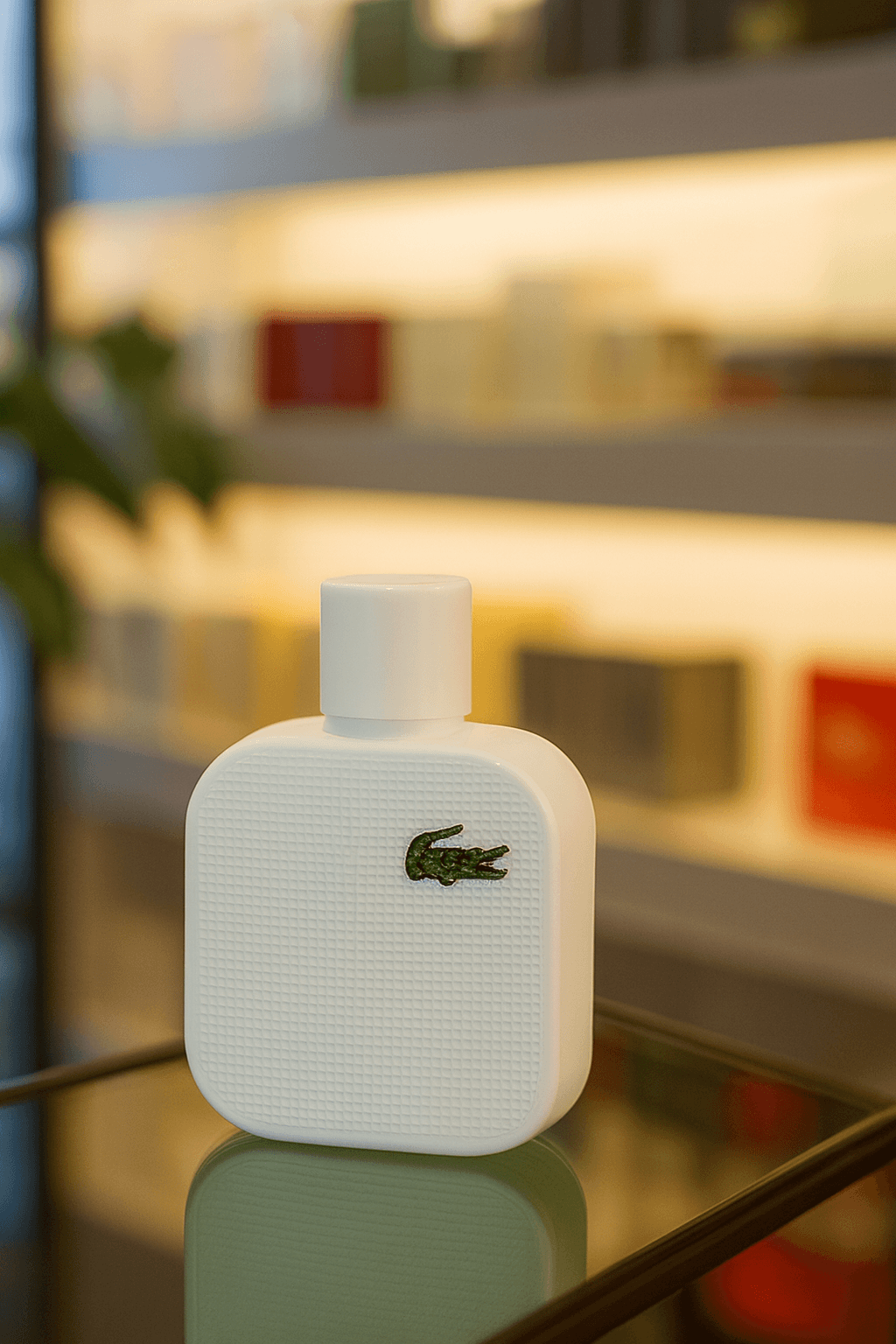 A bottle of Lacoste Blanc perfume for men.