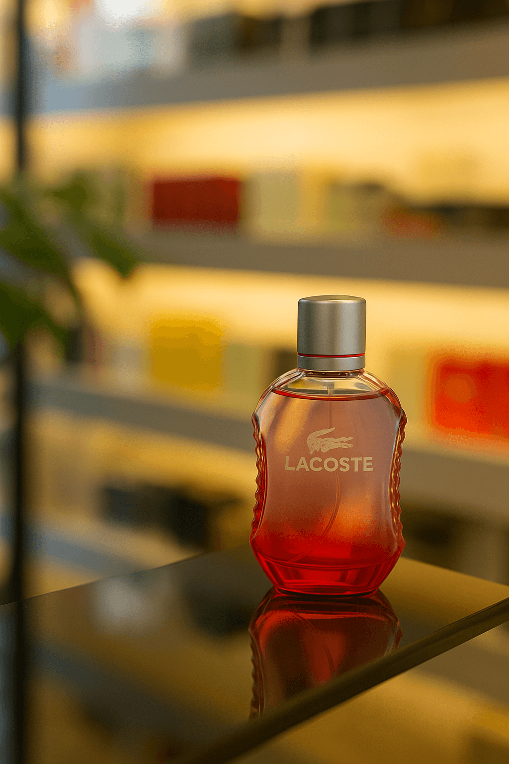 A bottle of Lacoste Red perfume for men.