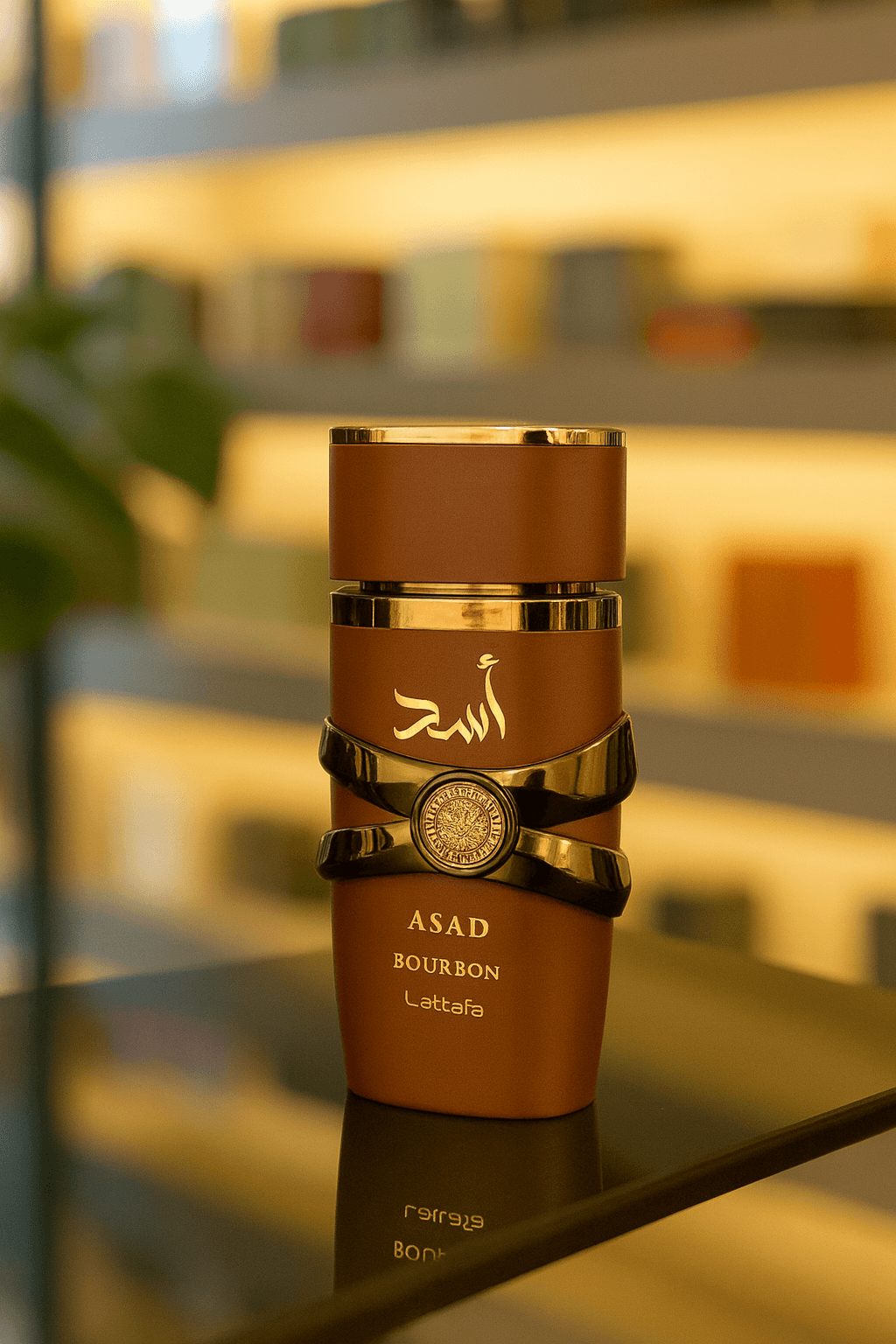 A bottle of Lattafa Asad Bourbon perfume for men.