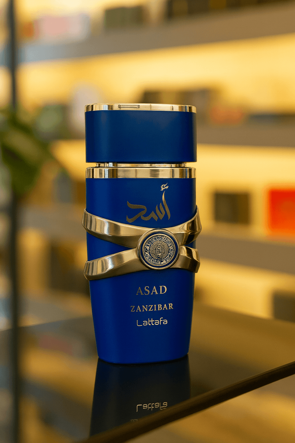 A bottle of Lattafa Asad Zazibar perfume for men.