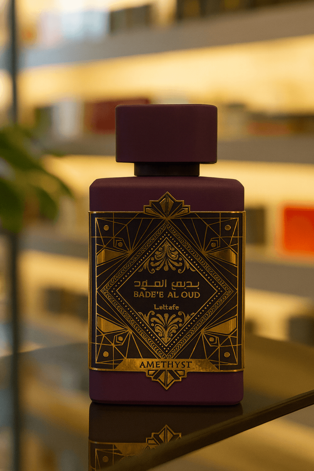 A bottle of Bade’e Al Oud Amethyst unisex perfume.