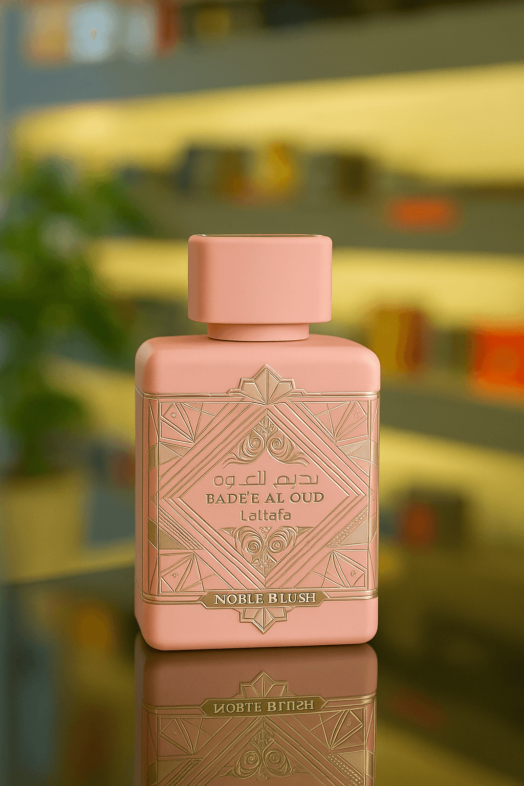 A bottle of Bade’e Al Oud Noble Blush perfume for women.