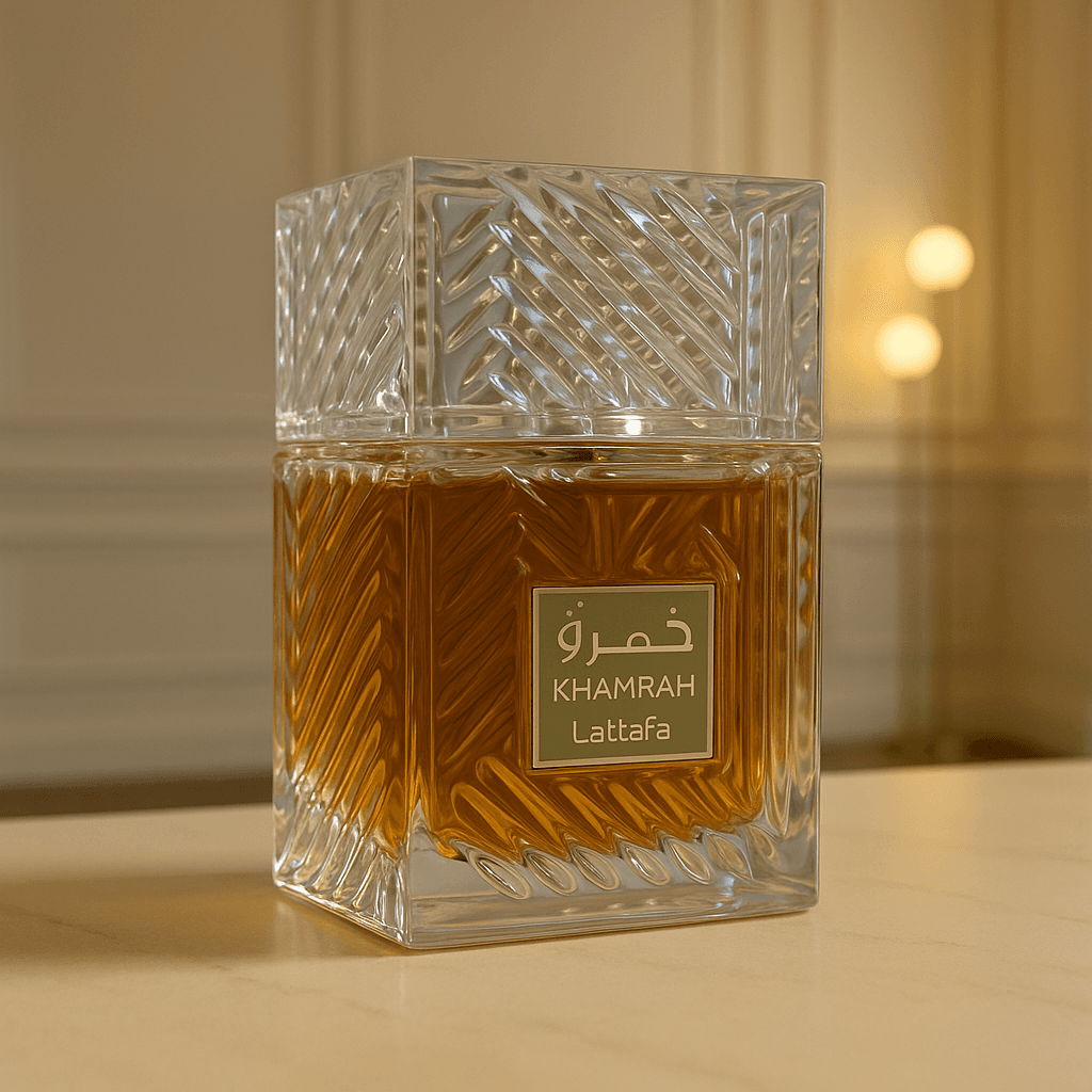 A bottle of Lattafa Khamrah unisex perfume.