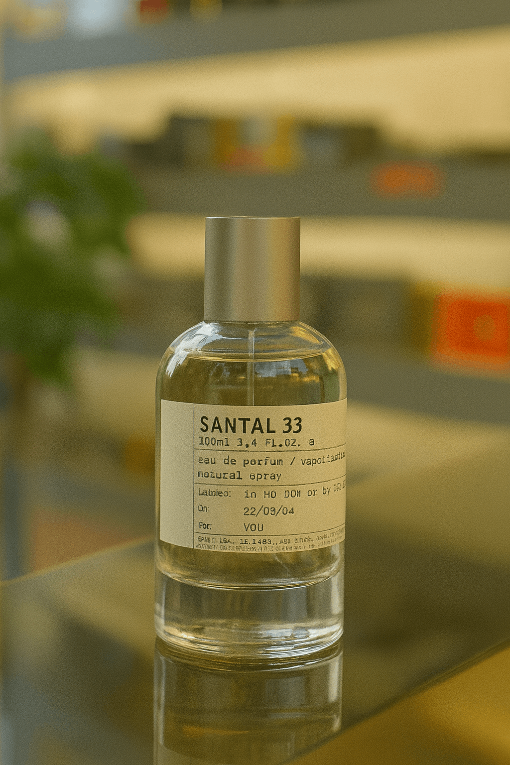A bottle of Le Labo Santal 33 unisex perfume.