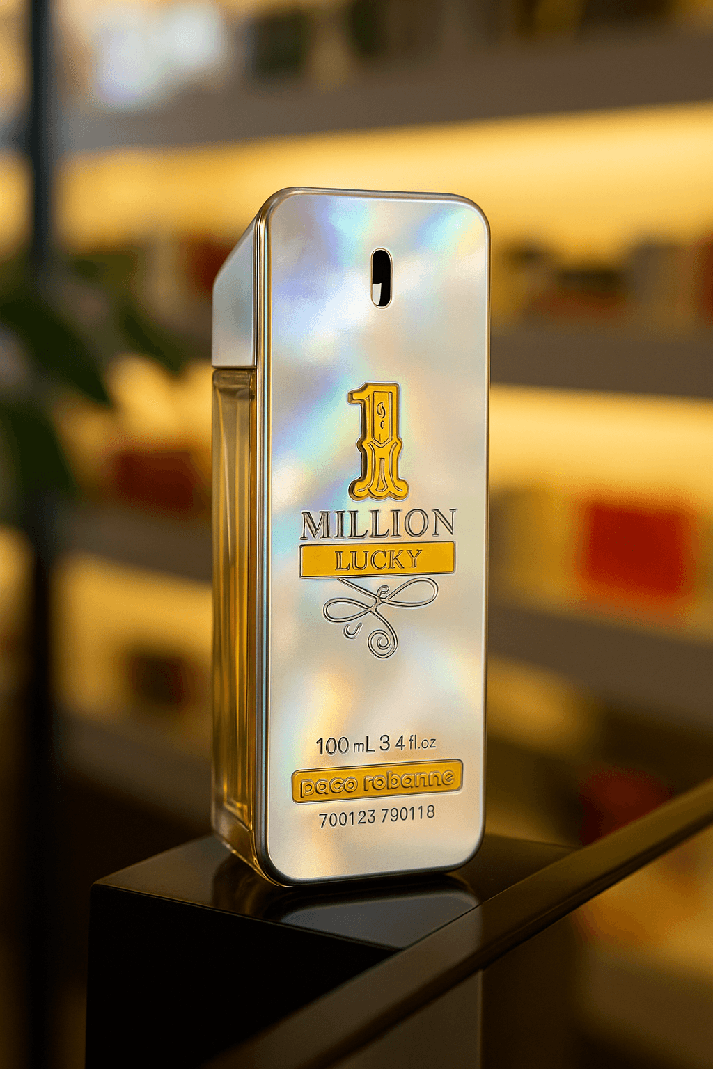 A bottle of Paco Rabanne 1 Million Lucky perfume for men.