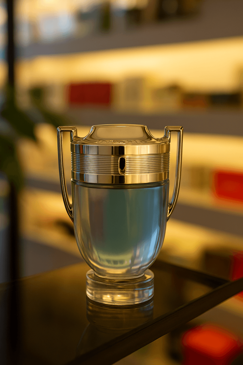 A bottle of Paco Rabanne Invictus perfume for men.