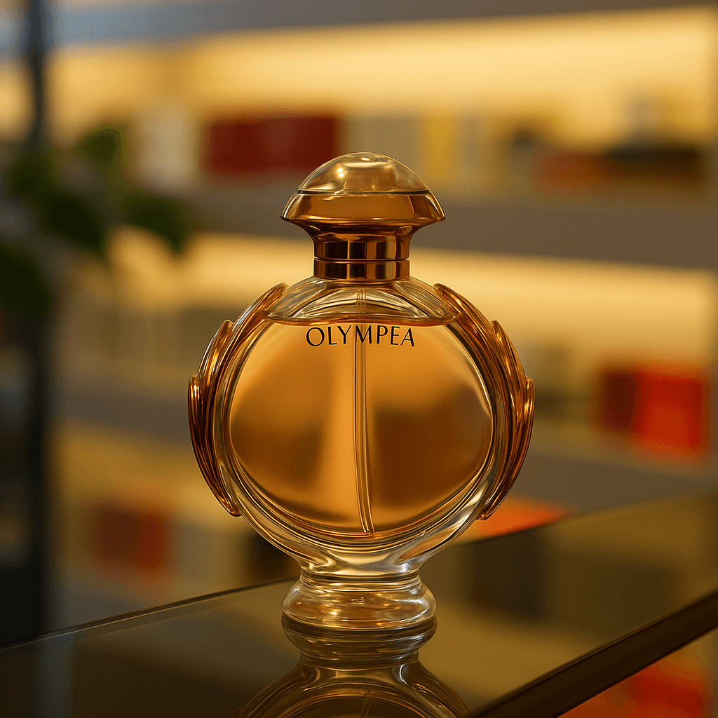 A bottle of Paco Rabanne Olympea perfume for women.