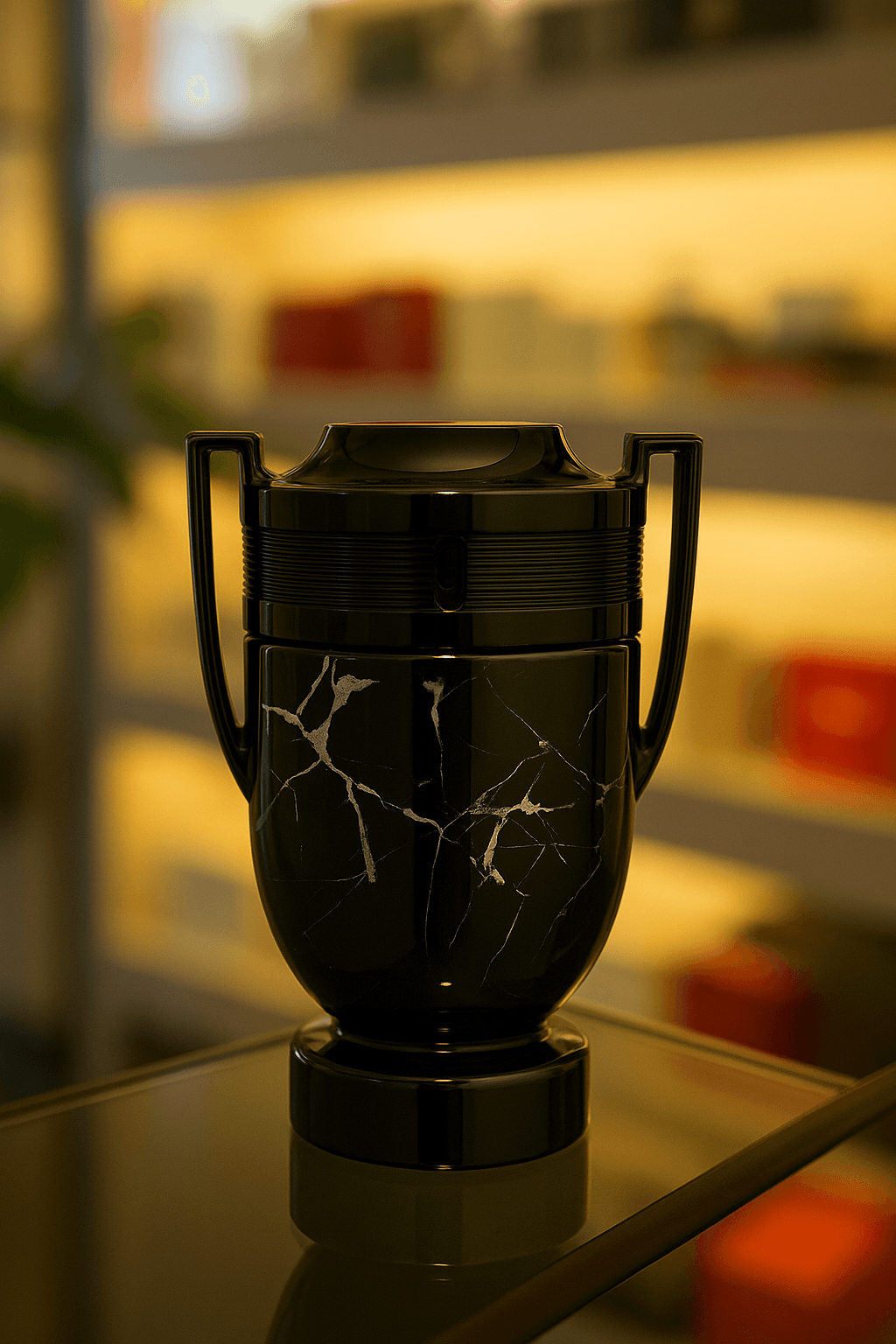 A bottle of Paco Rabanne Invictus Onyx perfume for men.