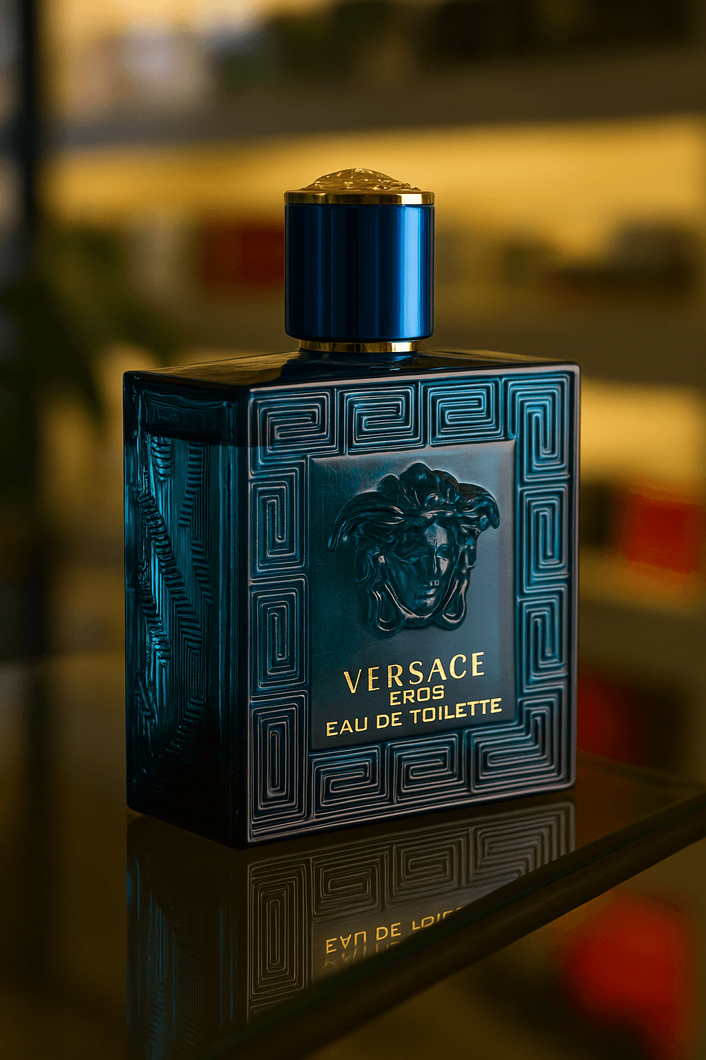 A bottle of Versace Eros perfume for men.